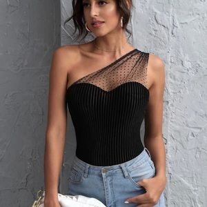One shoulder mesh velvet knit top